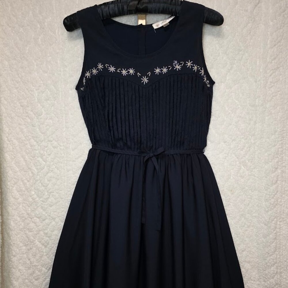 Kate Moss Topshop Navy Blue Skater Dress Embroidered Floral Daisy Slash 6